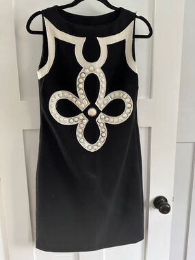 Tory Burch Black Mini Dress with Ivory Appliqué and Stud Detail